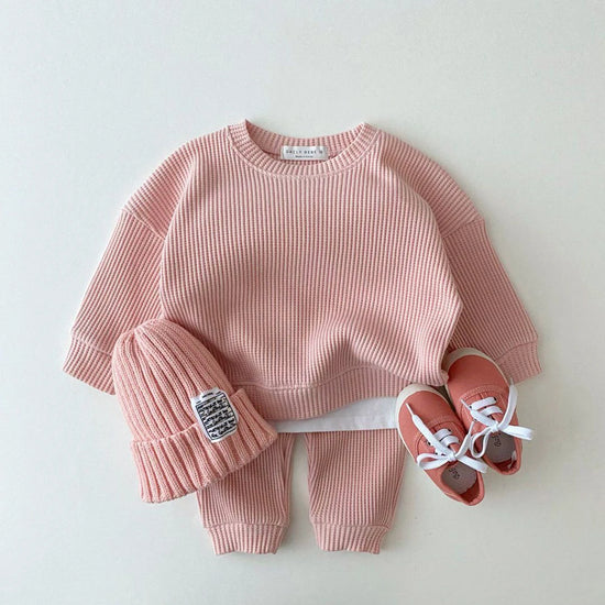 Children Clothing Autumn Winter Warm Clothes Girls Sweatshirt Long Sleeved Waffle Baby Boys Top+Pants Boys Set
