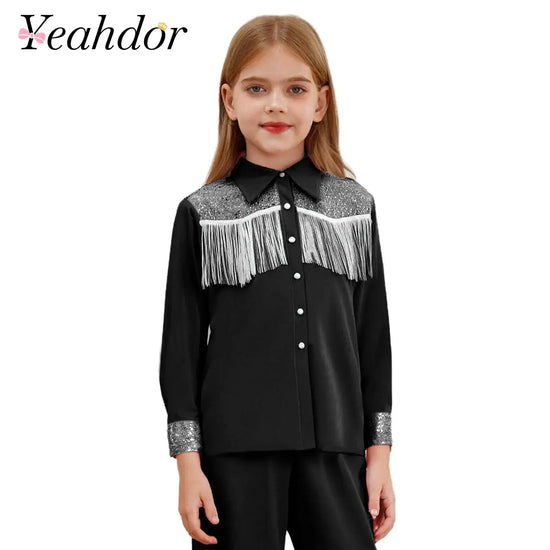 Children Clothes Kid Girls Sequins Fringe Shirt Lapel Long Sleeves Button-down Shirts Western Cowgirl Dress Up Halloween Costume