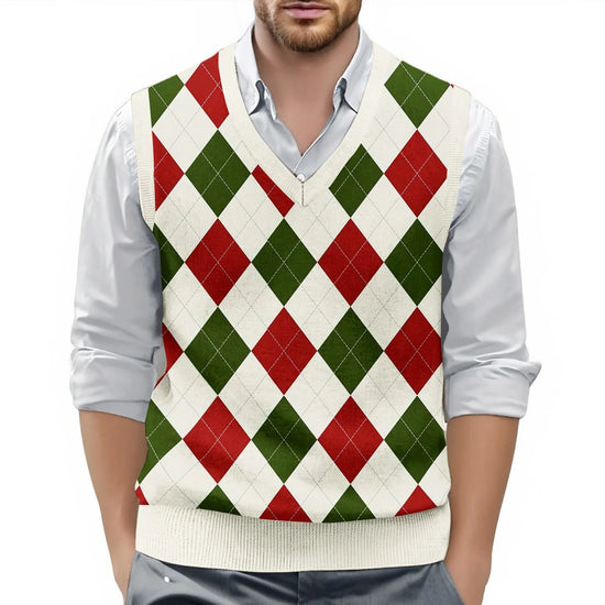 Mens Clothes British Style Vest Men Checkered Vest Knitted Pullover Waistcoat Men&