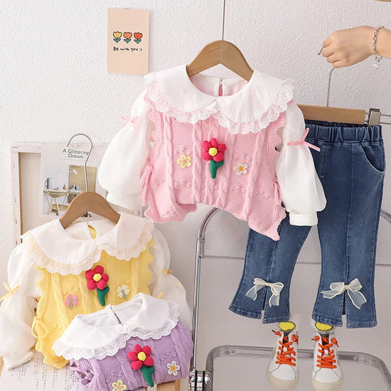 Children Clothing Sets for Girls T Shirt Floral Vest Bow Jeans Spring Autumn Toddler Baby Clothes Infant Outfits Kids Tracksuit